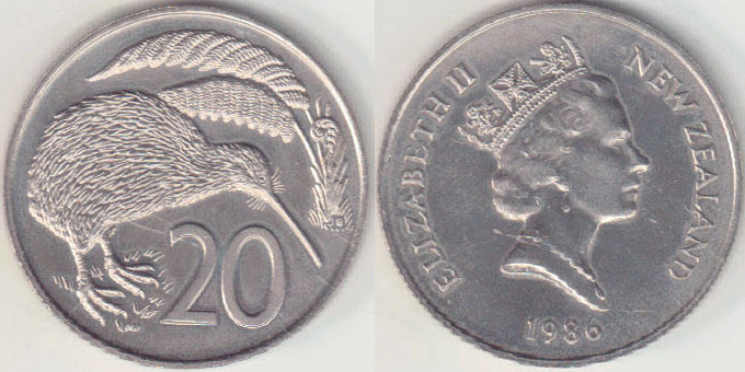 1986 New Zealand 20 Cents (chUnc) A005398